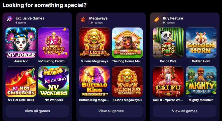 Catégories de bibliothèque de jeux de casino NV et vignettes de machines à sous en vedette